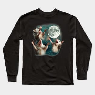 Three Possum Moon  3 Opossum Weird Cursed Meme Long Sleeve T-Shirt